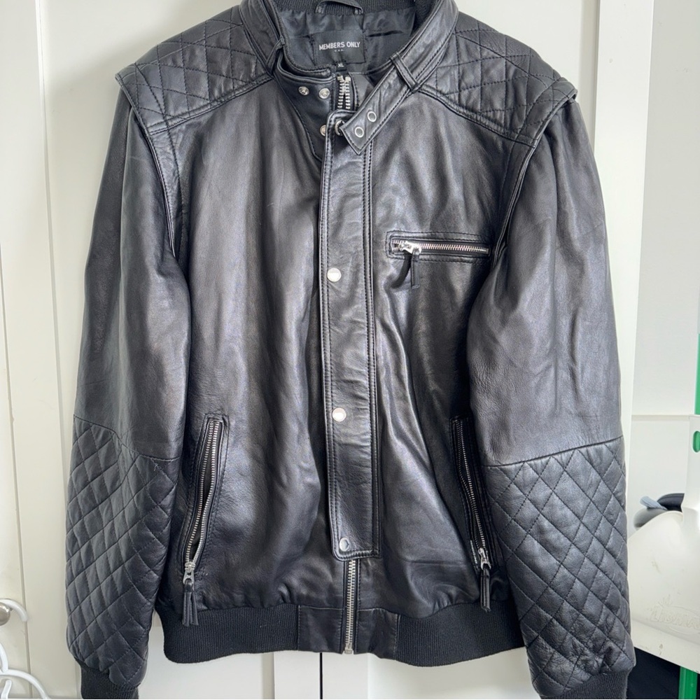 Members Only Black Quilted Leather moto/ racer jacket